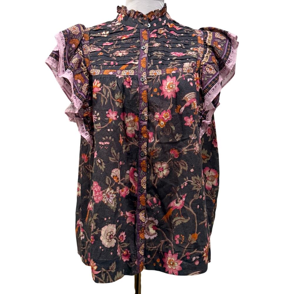 Sundance Marcleine Floral Top Coquette Ruffle Pintuck Boho Cottagecore Large - Picture 2 of 9